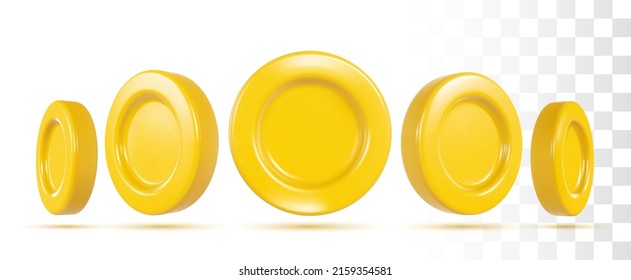 3d Golden Shiny Coins Icons. Vector Realistic Render Isolated On Transparent Background. Perspective Close Up View