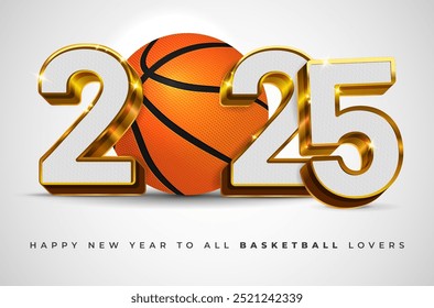 3D golden glänzende Inschrift 2025 mit strukturierter Füllung und Basketball - Happy New Year Karte für Sportliebhaber. Vektorgrafik.