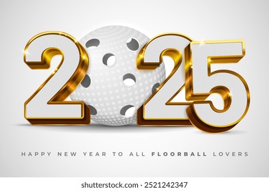 Inscripción brillante dorada 3D 2025 con relleno texturizado y bola de piso: tarjeta de feliz año Nuevo para los amantes del deporte. Ilustración vectorial.