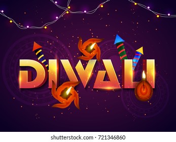 3D Golden Shiny Text Diwali With Oil Lamp(diya), Fire Cracker, Bunting Lights On Floral Decorated Purple Background.