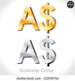 3D golden & Silver Australia Dollar sign isolated on white, Australia money, vector illustration.