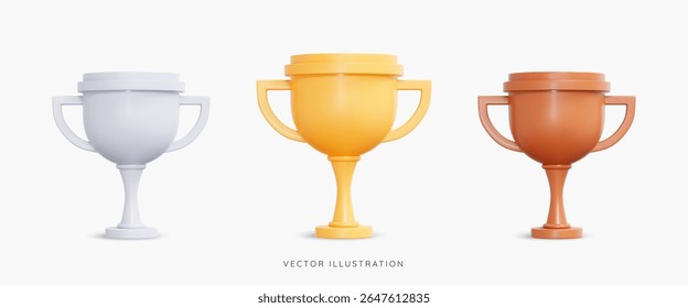 3D Golden, silver and bronze Trophy icon set. Champion cup. 1st, place award in sports and football. Victory success concept. Cartoon icons isolated on white background. 3D Vector illustration