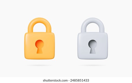 3D Goldene und silberne Schloss-Icon-Set. Datenschutz- und Sicherheitskonzept. Geschlossenes gelbes und graues Vorhängeschloss. Datenschutz und Verschlüsselung. Cartoon kreative Design-Icons. 3D-Vektorillustration