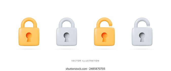 3D Golden and silver lock icon set. Data protection and security concept. Closed and open yellow and grey padlock. Privacy and encryption. Cartoon creative design icons. 3D Vector illustration