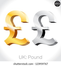 3D Golden & Silver Pound Sign Isolated On White, England Money, Vector Illustration.