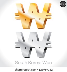 3D golden & Silver Won sign isolated on white, South Korea money, vector illustration.