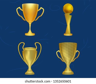 3D golden soccer trophy cup set on blue background, vector illustration