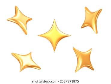 Juego de estrellas de destello dorado 3D. Ilustración vectorial de stock sobre fondo aislado.