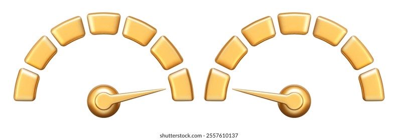 3d golden speedometer icon. High and low speed status. Scale score of speed, levels, meter, tachometer performance and rating. Stock vector illustration on isolated background.