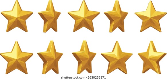 3d golden star animation set. Rotation of gold glossy cartoon game element.
