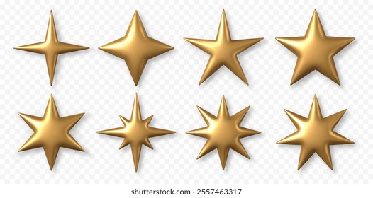 3D golden star. Christmas stars of various glossy shiny shapes. Realistic 3d metallic gold element with drop shadows. Vector trophy star isolated set.