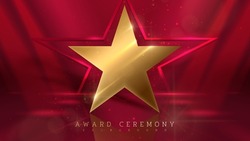 3d Golden Star With Light Ray Effect Element And Glitter Glow Decoration. Award Ceremony Background.