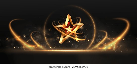3D golden star with golden on black background with lighting effect and sparkle. Luxury template celebration award design. Vector illustration