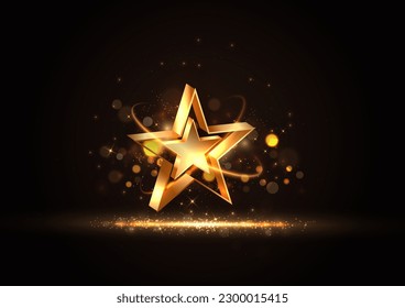 Estrella dorada 3D con dorado sobre fondo negro con efecto de iluminación y brillo. Diseño de premios de celebración de plantillas de lujo. Ilustración del vector