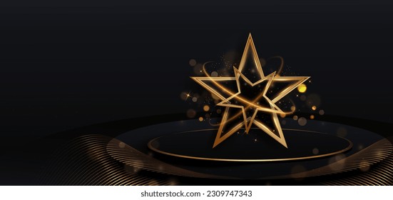 3D golden star with golden on black background with lighting effect and sparkle. Luxury template celebration award design. Vector illustration