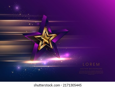 3d golden star with golden on dark blue and purple background with lighting effect and spakle. Template luxury premium award design. Vector illustration       