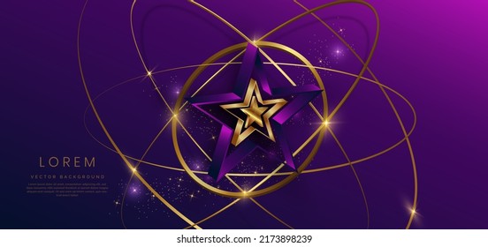 3d golden star with golden on dark blue and purple background with lighting effect and spakle. Template luxury premium award design. Vector illustration       