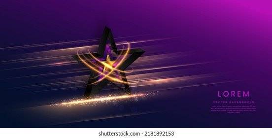 3d golden star with golden on dark blue and purple background with lighting effect and spakle. Template luxury premium award design. Vector illustration       