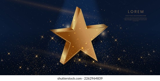 3D golden star with golden on dark blue background with lighting effect and sparkle. Template luxury premium award design. Vector illustration 