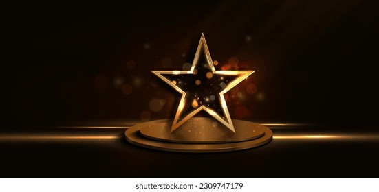 3D golden star with golden on dark brown background with lighting effect and sparkle. Luxury template celebration award design. Vector illustration