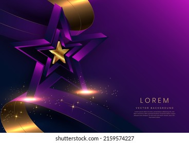 3d golden star with golden ribbon curved on dark blue and purple background. Template luxury premium award design. Vector illustration       