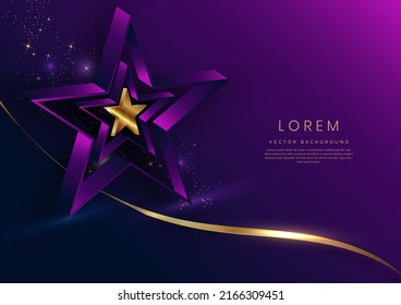 3d golden star with golden ribbon curved on dark blue and purple background. Template luxury premium award design. Vector illustration       