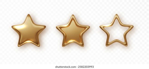 3D golden star set. Christmas stars of various shapes. Realistic metallic gold element isolated. Vector trophy star, five gold metallic stars isolated