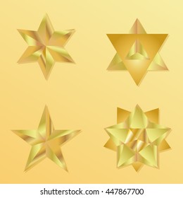 3d golden star set with variations. Vector illustration.Modern style. Elegant symbol of achievements and victories. Symbol for web or print design. Product quality rating isolated on gold background.