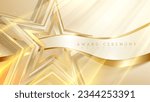 3d golden star shape element with ribbon and glitter light effect decoration. Luxury award ceremony concept.