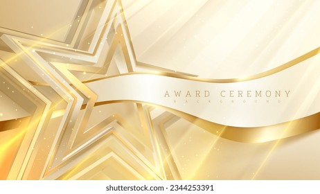 3d golden star shape element with ribbon and glitter light effect decoration. Luxury award ceremony concept.