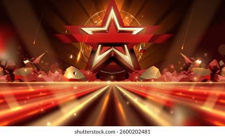 3D golden star with stone elements with glowing effect decoration on red background.