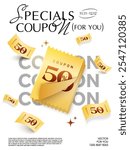 3d golden sticky coupon book with coupon code, percent price off, other mini coupons flying around, isolated on white background. Coupon book flying in 3d vector.