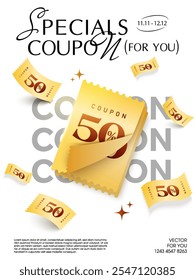 3d golden sticky coupon book with coupon code, percent price off, other mini coupons flying around, isolated on white background. Coupon book flying in 3d vector.