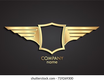 3d golden stylized modern shape winged shield template logo