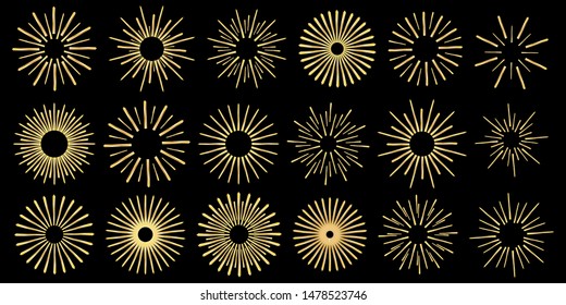 3d golden sunbeams icons set isolated on black background