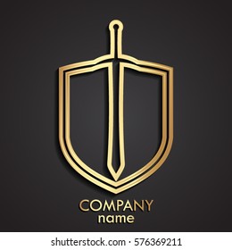3d golden sword and shield outline shape logo