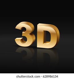 3D golden symbol with mirror reflection on black background.
