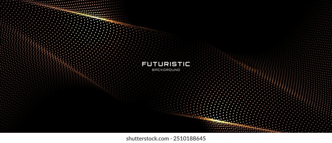 Fundo de tecno dourado 3D no espaço escuro com linhas pontilhadas forma decoração efeito. Elemento de design gráfico moderno com conceito de estilo de ondas de pontos brilhantes para banner web, folheto, cartão ou capa de brochura