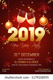 3D golden text 2019 and champagne glass on shiny brown background decorated with snowflakes and confetti  for New Year Party celebration.