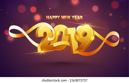 3D golden text 2019 for New Year celebration concept with shiny wavy ribbon on blurred bokeh background.