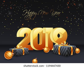 3D golden text 2019 on sparkling black background with gift boxes and baubles for Happy New Year celebration concept.