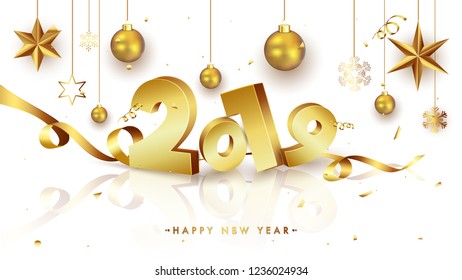 3D golden text 2019 with shiny wavy ribbon on white background for Happy New Year celebration greeting card design.