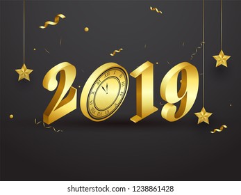 3D Golden text 2019 with wall clock and hanging stars on black background. Can be used as New Year greeting card design.