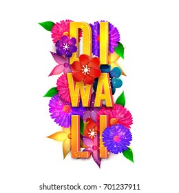 3D Golden Text Diwali with colorful flowers decoration for Indian Festival of Lights celebration.
