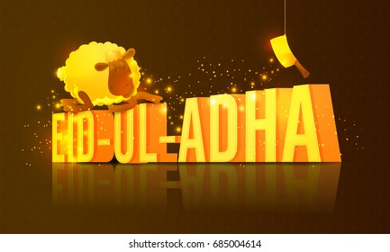 3D Golden Text Eid-Al-Adha and sleeping sheep with reflection effect on brown background. Glowing poster, banner or flyer design.