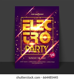 3D Golden Text Electro Party on elegant glowing background, Creative Flyer, Template or Banner design for Musical Party celebration.