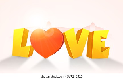 3D Golden Text Love with Heart on glossy background for Happy Valentine's Day celebration.