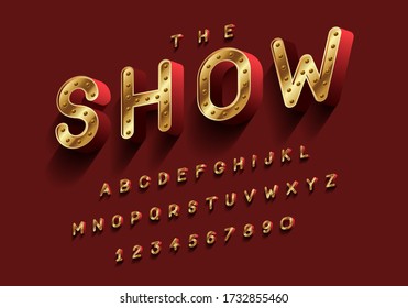 3d golden theater style font. Isolated on dark red background. Vector illustration.