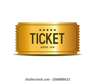 3d golden tickets. Three-dimensional golden ticket with stars and the inscription "Admit one". Vector illustration.