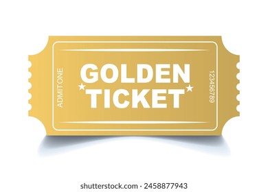 3d golden tickets. Billete dorado tridimensional con estrellas y la inscripción "Admite uno". Ilustración vectorial.